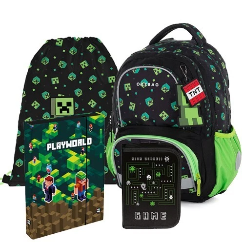 OXYBAG Game Pixel Schulrucksack Rucksack Schulranzen Ranzen Set 4 teilig Green Cube