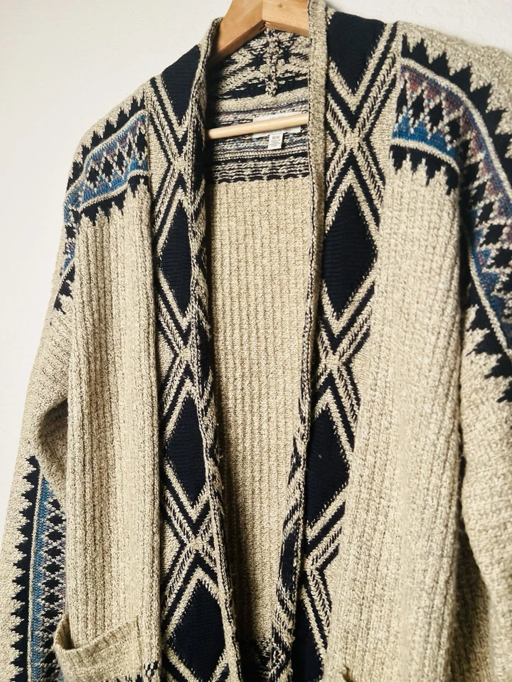 Lucky Brand Open Front Cardigan Sweater Sz M Beige Pockets Southwestern Tribal - Image 2 of 4