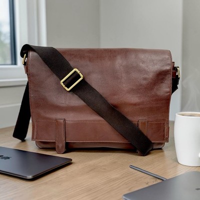 Vtg Fossil Unisex Brown Leather Messenger Laptop Crossbody Work Bag