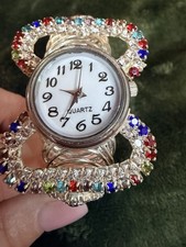 Expandable Rainbow Rhinestone Gemstone Cuff Watch Silver