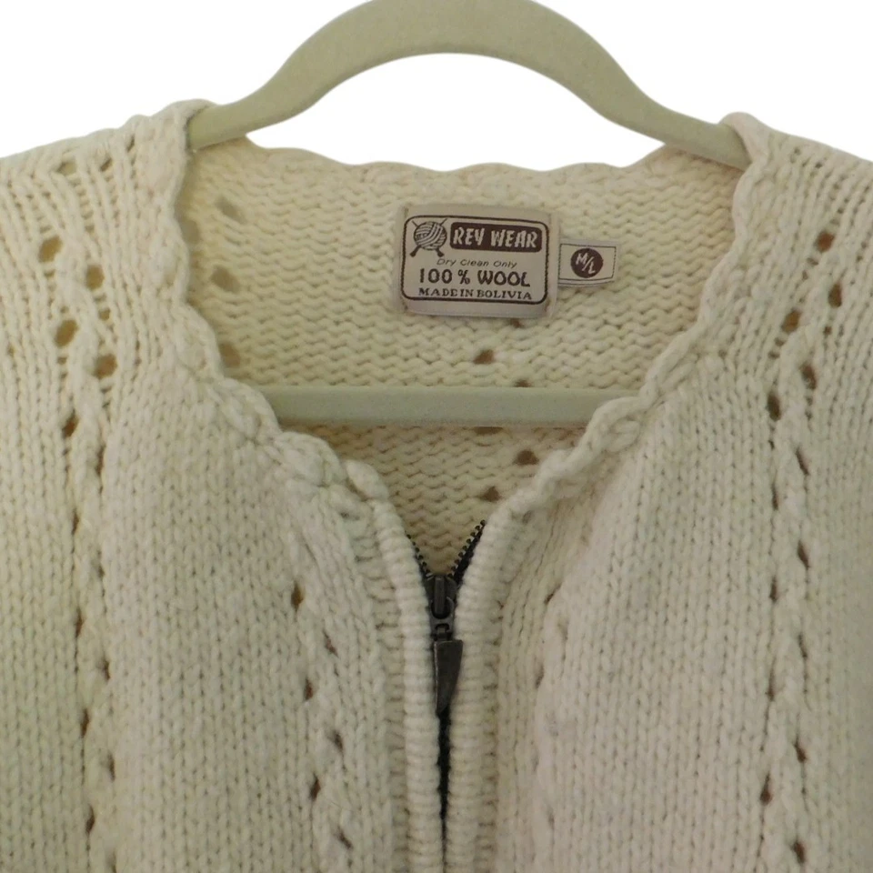 Cárdigan de lana vintage para mujer Bolivia cremallera completa crema marfil Rev Wear mediano grande Foto 2 de 4