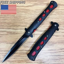 9" Black Tactical Stiletto Red Spring Assisted Open Blade Folding Pocket Knife