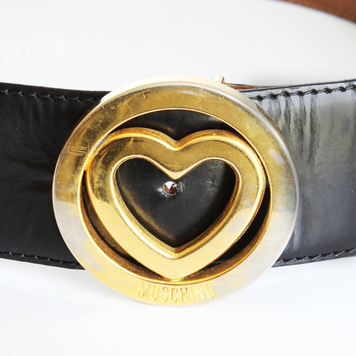 Moschino Redwall Red Patent Leather Heart Buckle Belt Size 40 Gold Made in Italy Moschino Belt Heart Buckle Black Leather Wide Vintage by  main image 4
