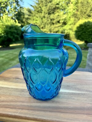 Anchor Hocking Glass MADRID laser Blue Pitcher 82 Oz Ice Lip Diamond Textured