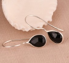 Teardrop 925 Sterling Silver Natural Black Onyx Dangle Earring Hoop Earring 