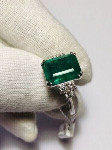 3.30Ct Emerald Cut Natural Emerald & Diamond Cocktail Ring Solid 14K White Gold - Picture 3 of 13