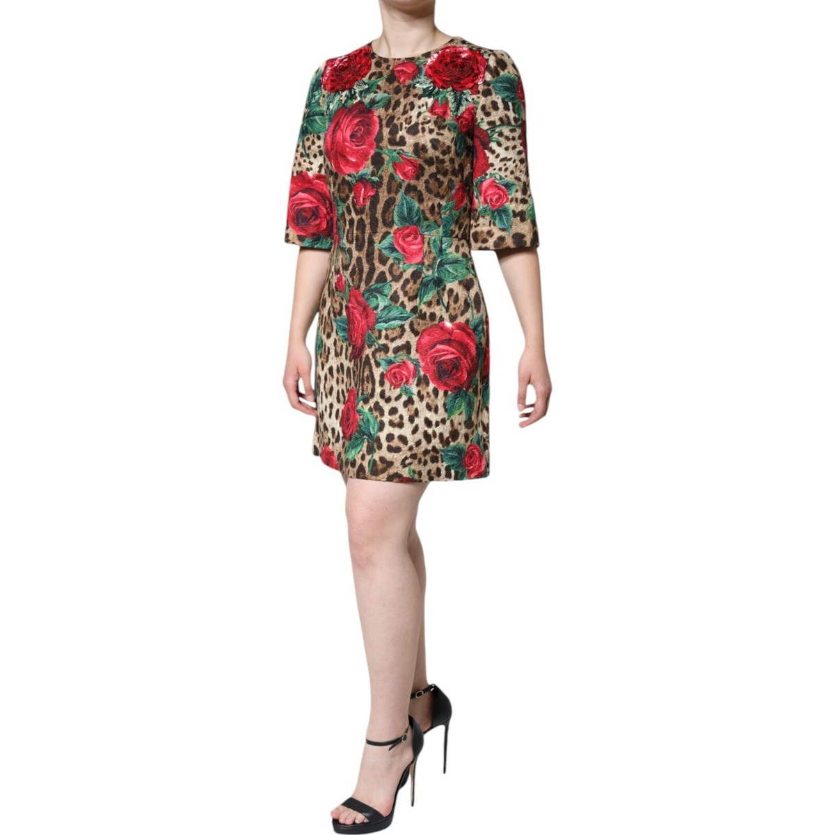 DOLCE & GABBANA Dress Brown Leopard Red Roses Cotton A-line IT40