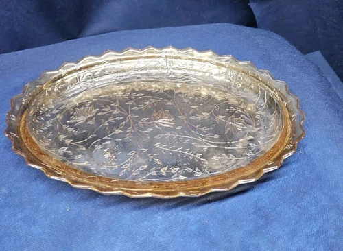 Vintage Jeanette Glass "Floragold" Oval Serving Dish With Scalloped Edge EUC