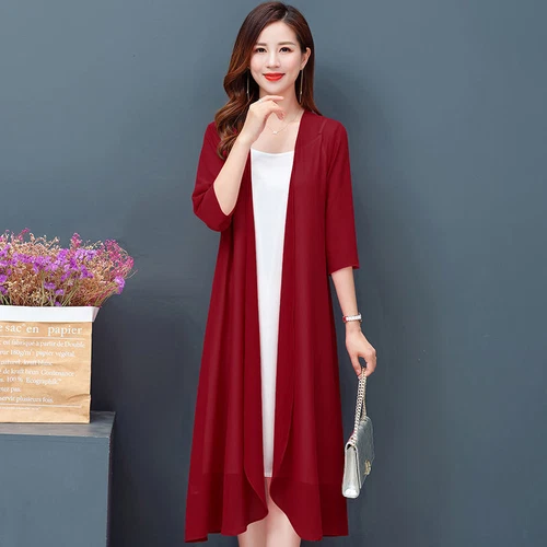Women Cardigan Sheer Chiffon Long Jacket Coat Open Casual Half Sleeve Outwear - Bild 25 von 26