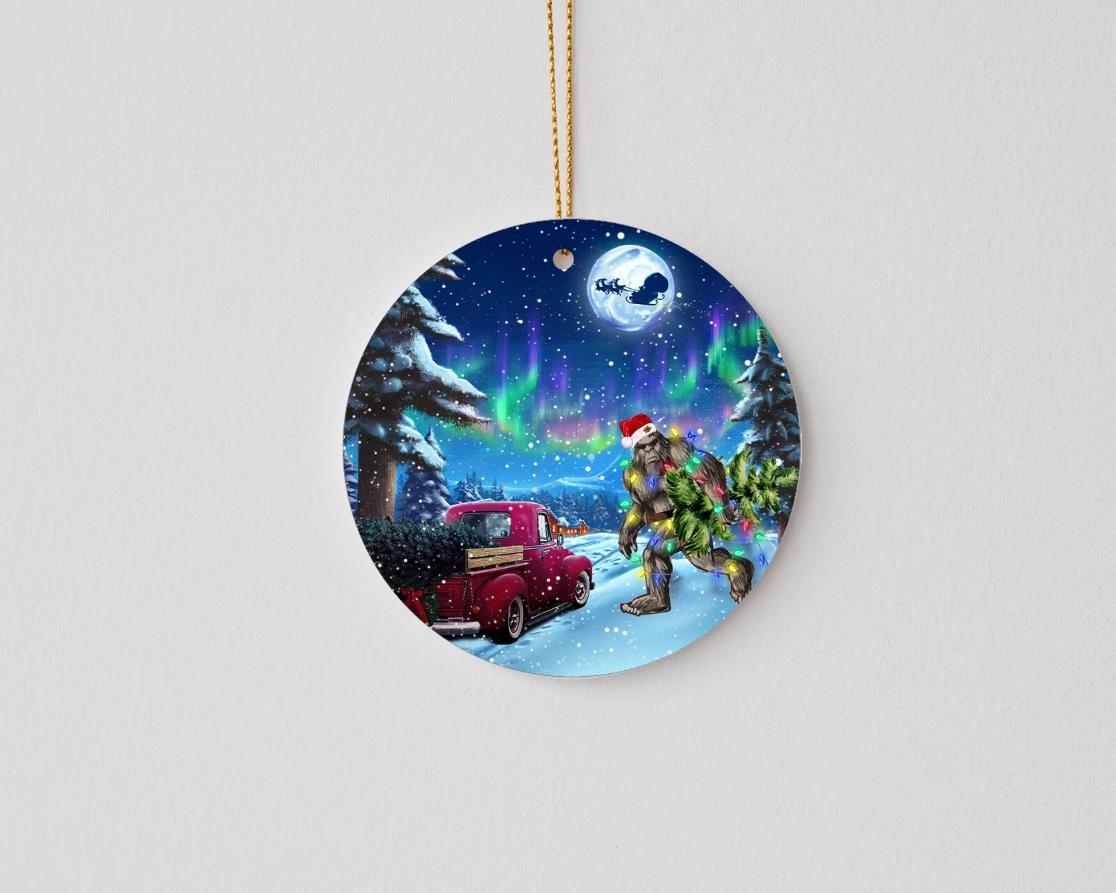 Northern Lights Bigfoot Ceramic Christmas Ornament