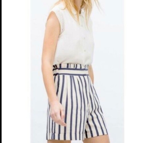 Zara White Blue Stripe Shorts High 
