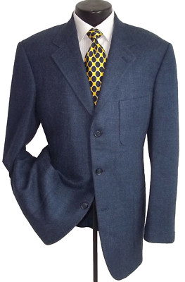 Bespoke David August Blue Herringbone 3 Button Flannel Wool Jacket Coat 44L