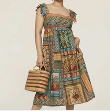 Farm Rio Banana Scarves Midi Dress Sz M Beaded Details Patchwork Boho Vacation