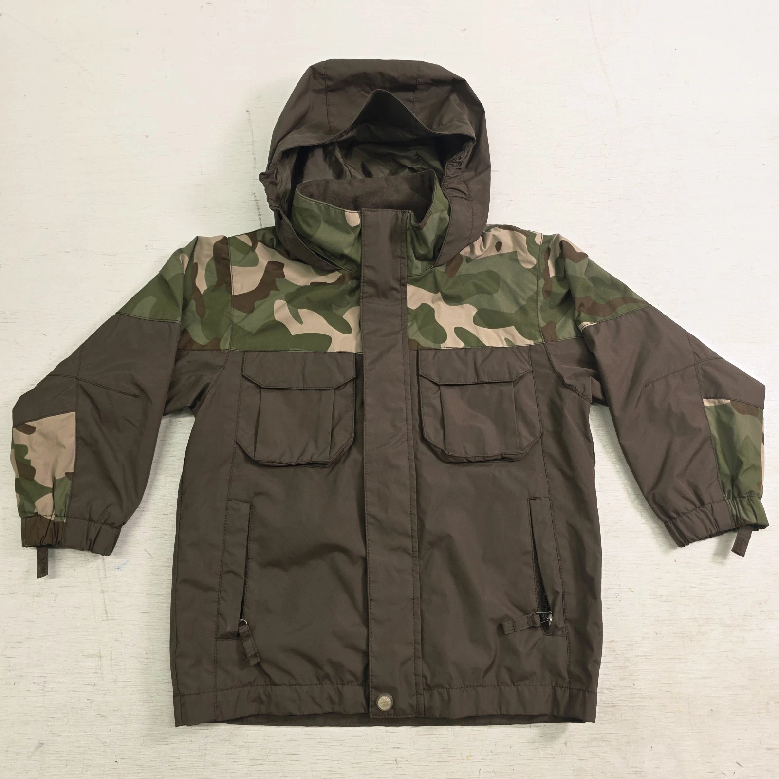 Bass Pro Shop Boys Kids 4/5 Brown & Camouflage Tough Dude Rain Jacket Hooded EUC