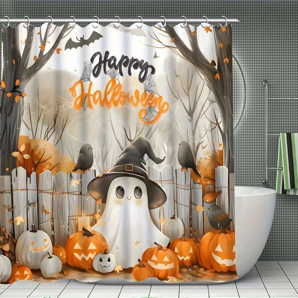 Halloween Shower Curtain Set,Ghost Evil Pumpkin Spooky Shower Curtain,Cute Funny