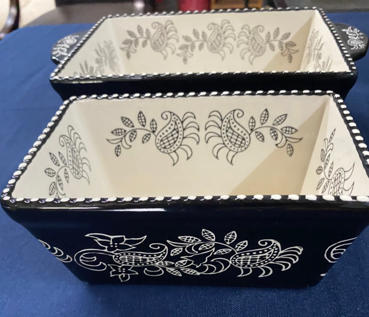 Baum Stoneware Casserole Baking Dish Black with White Floral Paisley 2 pc