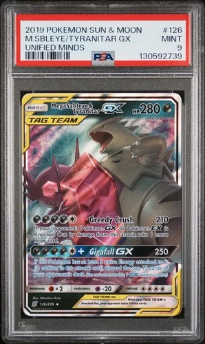 Pokemon 2019 Mega Sableye & Tyranitar GX 126/236 Tag Team Unified Minds PSA 9