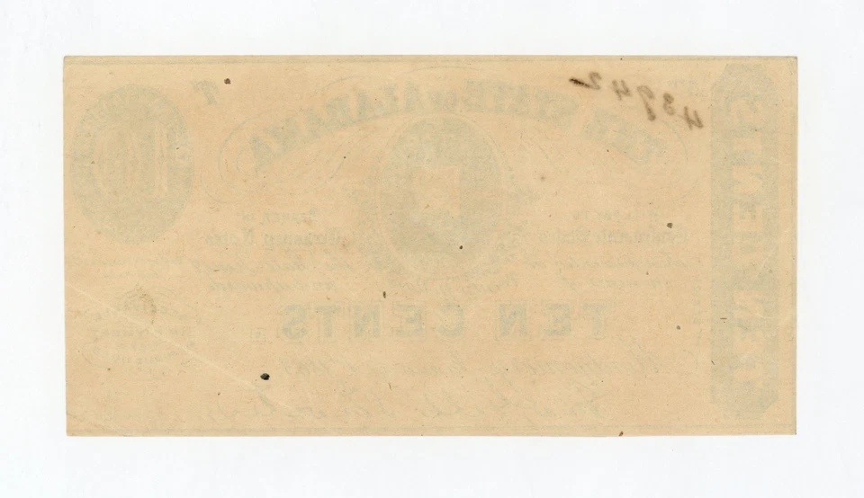 1863 Cr.9 10c The State of ALABAMA Note - CIVIL WAR Era XF/AU - Image 2 of 2