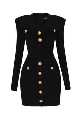 Balmain Short Knitted Dress Gold Buttons V-Neck Shoulder Pads Long Sleeve Sz 34