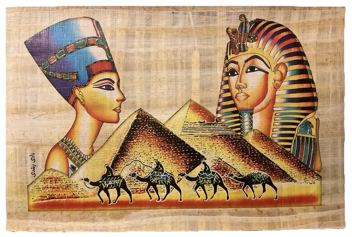 Rare Vintage Egyptian Papyrus Painting King Tut , Nefertiti