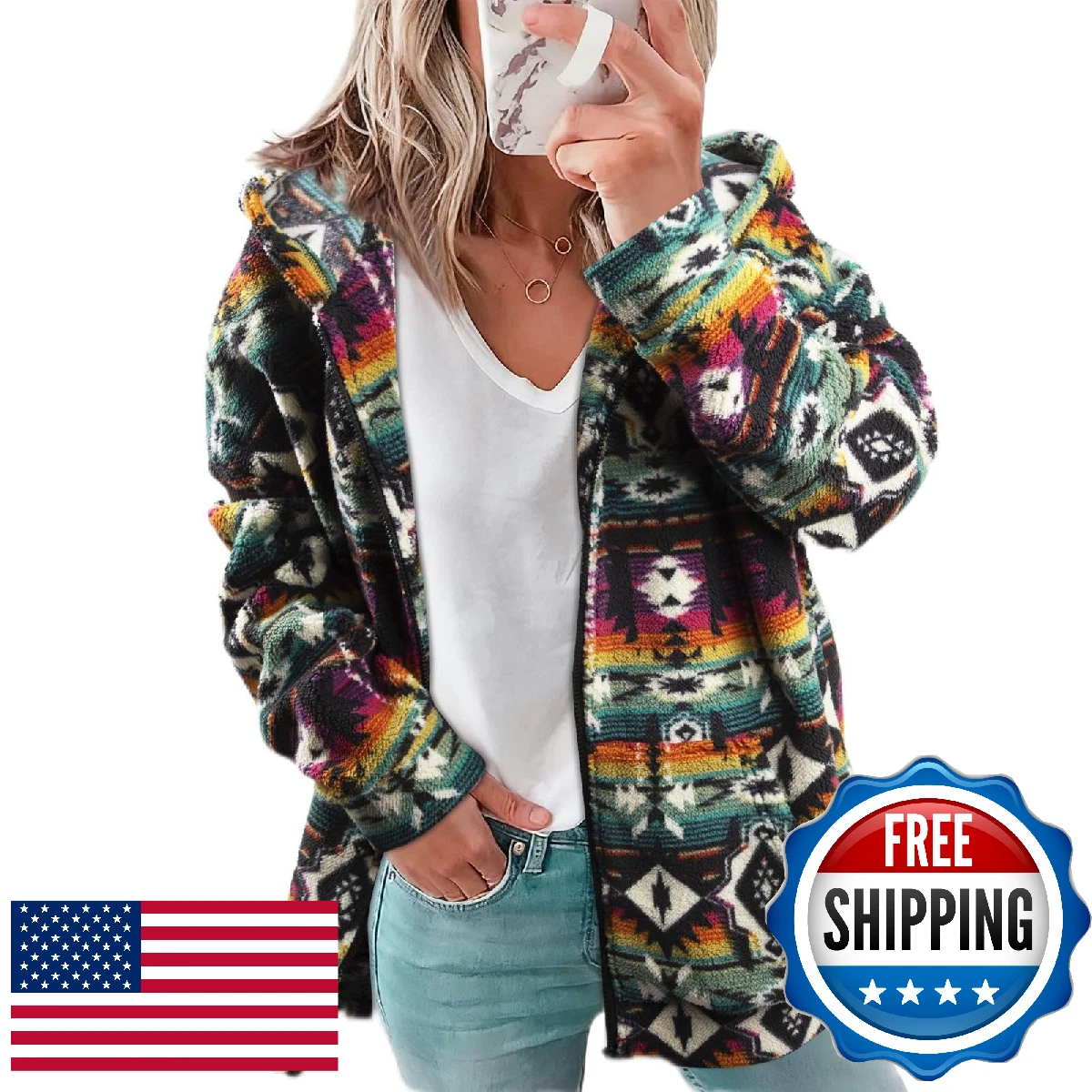 LUKYCILD Womens Western Aztec Print Zip up Hoodies Sweatshirt Sherpa Fleece Jack