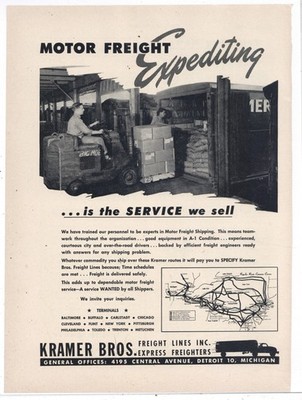 1949 Kramer Bros. Freight Lines Ad: 4195 Central Ave. Detroit - Route Map Pic