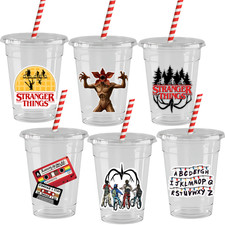 Stranger 80's Things Party Cups Set of 12 with Lids  Paper Straws - Decor