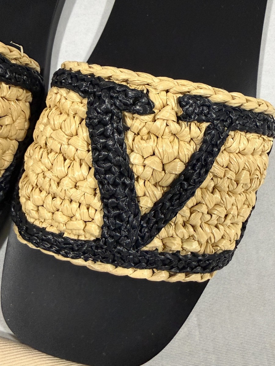 VALENTINO GARAVANI $980 VLOGO RAFFIA BEIGE BLACK SANDALS SIZE 39.5