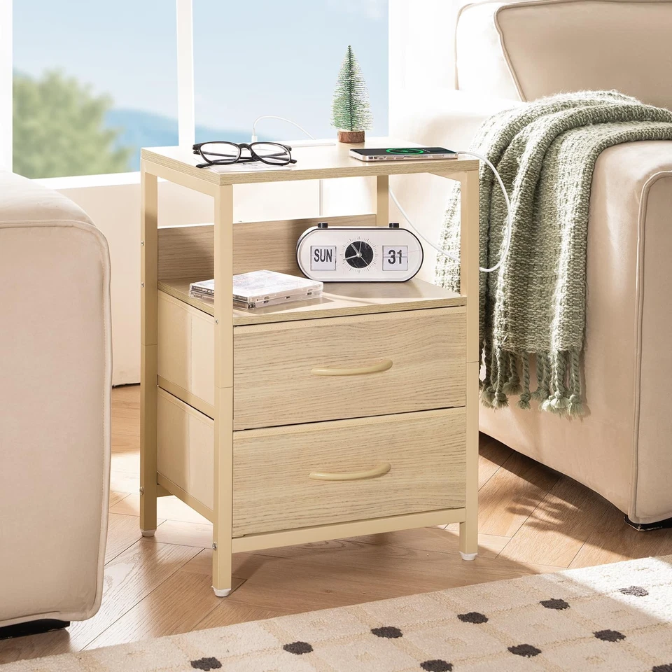 Nightstand with Charging Station, Small Night Stand with Fabric Drawers and S... - Image 2 of 4