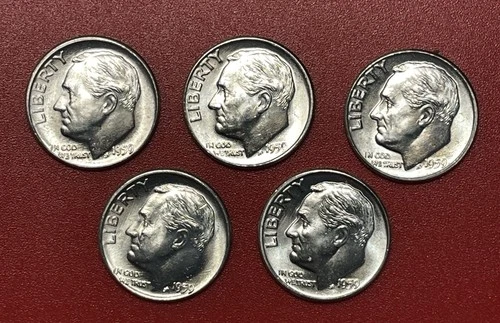 Lot of Five (5) 1959 D Silver Roosevelt Dimes, Choice to Gem Uncirculated.