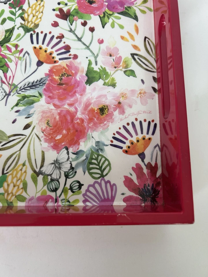 Michel Design Works Wooden Serving Vanity Tray Bright Pink Florals Butterflies - Image 2 of 4