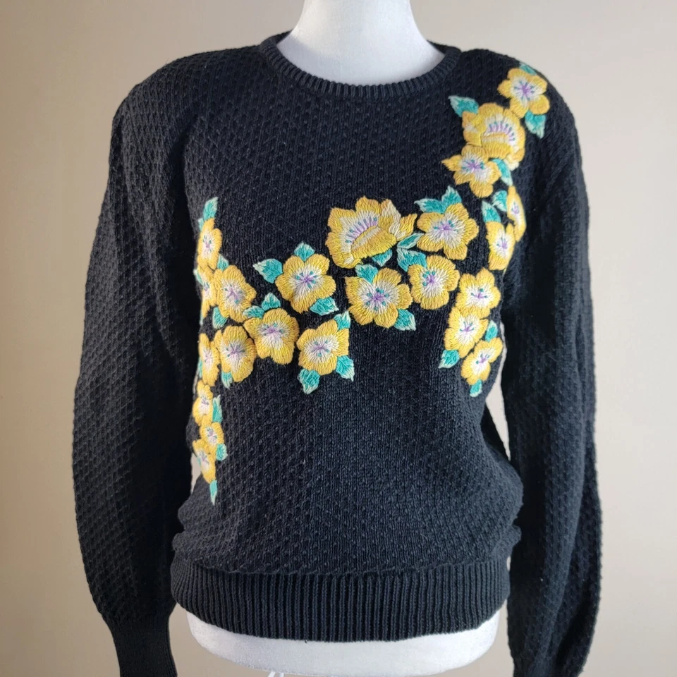 Suéter para mujer Evan Picone negro medio amarillo floral hombreras vintage Foto 2 de 4