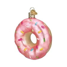 Old World Christmas Blown Glass Ornament, Pink Sprinkles Donut