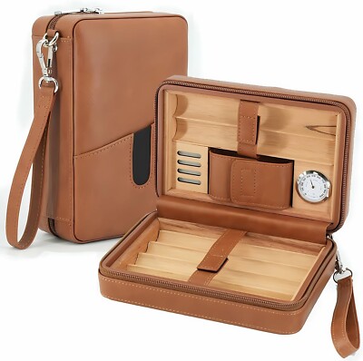 Leather Cigar Case, Portable Humidor Cigar Box With Humidifier,Capacity