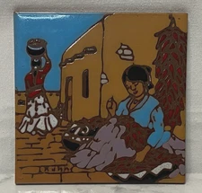 VTG Earthtones Ceramic Tile Trivet Art Southwest Native American Pueblo Women