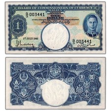 Malaya 1941 $1 One Dollar Note P #11 - AU/UNC (minor spots)