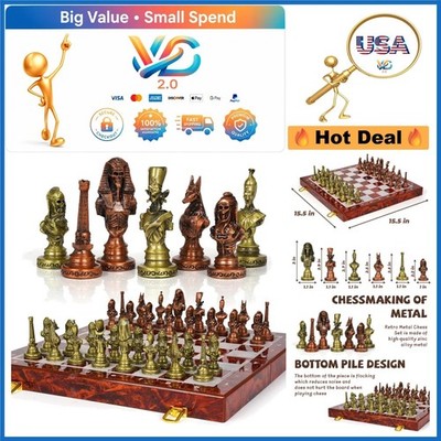 Luxury Egyptian Metal Chess Set 15 Inch Foldable Wooden Board with Antique Pi...