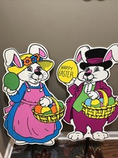 Vintage Set Of 2 Happy Easter Bunny Holding Egg Basket Yard Decor 28" Stake Sign