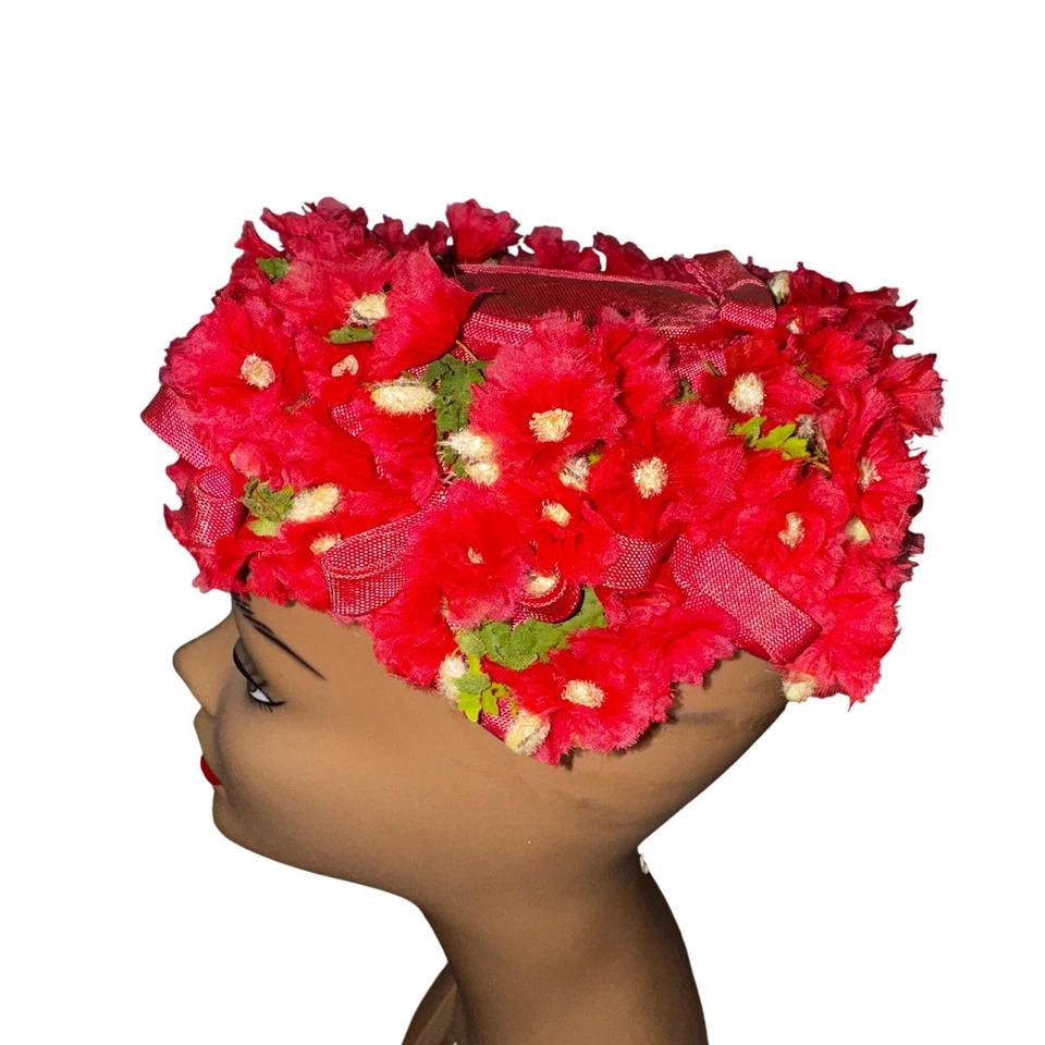 Sombrero Pastillero Floral Rojo Flor Vintage Green Room Millinery Bloomingdales Flor Clásica Foto 3 de 4
