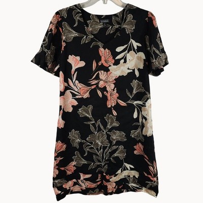Fall Harvest Basic Casual Tiered Black Pink Floral T-Shirt Dress Nicole Miller M