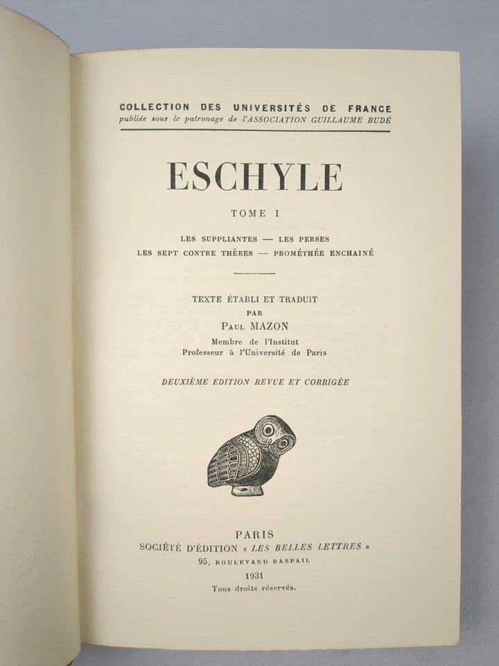 ESCHYLE • THÉÂTRE I • LES BELLES LETTRES 1931 RELIURE CUIR TEXTE GREC & FRANÇAIS - Photo 4/4