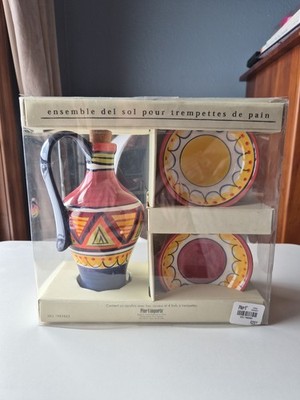 Pier 1 Del Sol Ceramic Bread Oil Dipping Set with Cruet and 4 Bowls, New In Box