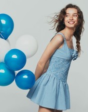 Maeve Smocked Rosette Drop-Waist Mini Dress Anthropologie NWT Blue Gingham L