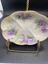 Hand Painted Trinket Dish Violets Scalloped Edges Unmarked #381