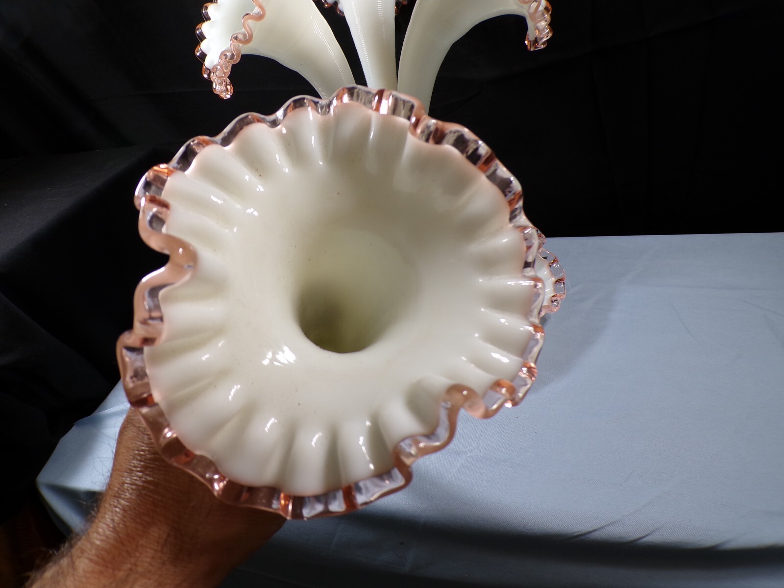 Fenton For L.G. Wright Milk Glass Pink Rose Crest Four 4 Horn Epergne