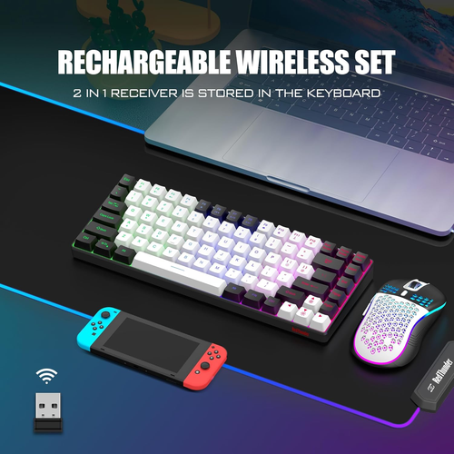 Redthunder K84 Combiné Clavier et Souris sans Fil, Arc-en-ciel Rétroéclairé Rechargeable B - Photo 2/12