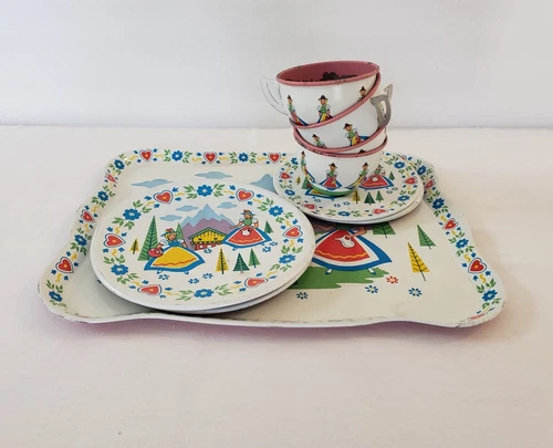 Vintage Ohio Art Tin Litho Toy Tea Set Cups Saucers Plates Tray Swiss Scene