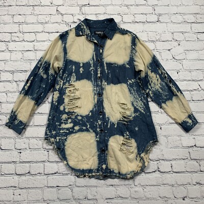 Thrill Jeans High Low Distressed Button Up Shirt Women s M Blue Chambray Biker