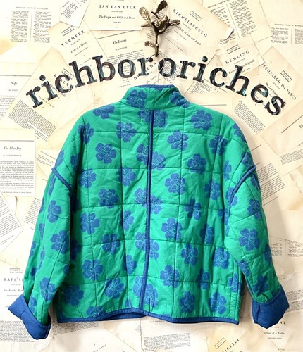Free People Chloe Quilted Jacket Floral Slouchy Dolman Green Grass Blue XS NEW - Picture 4 of 7