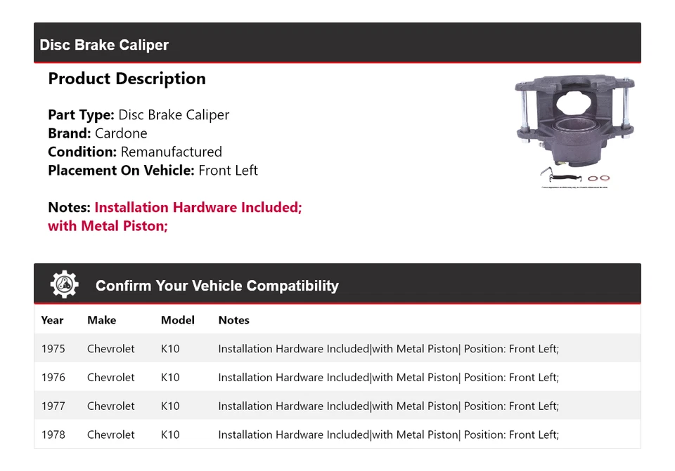 Pinza de freno de disco delantera izquierda cardone 1976 1977 para Chevrolet K10 1975-1978 Foto 2 de 4